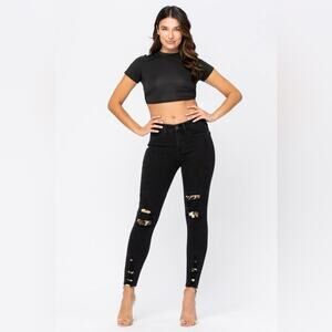 Judy Blue Black leopard print mid rise Skinny Jeans with Distressed Details